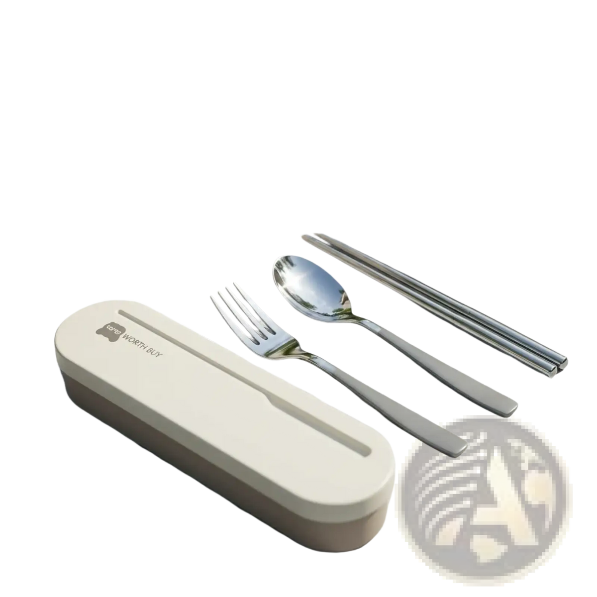 Beige rectangular portable stainless steel cutlery set with travel case and worth buy branding holding fork spoon and chopsticks