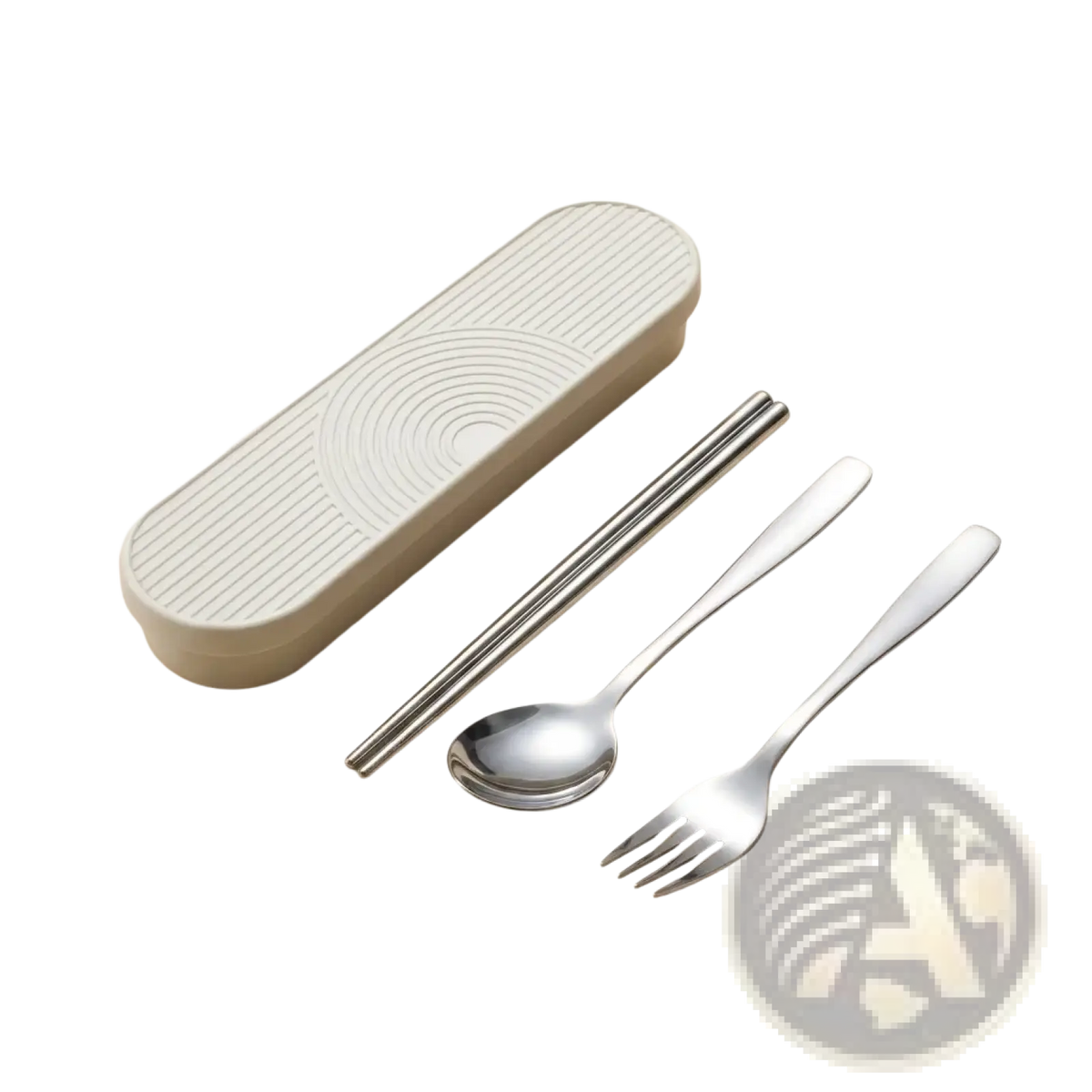 A sleek white plastic case with a subtle texture holds a portable stainless steel cutlery set with chopsticks spoon and fork