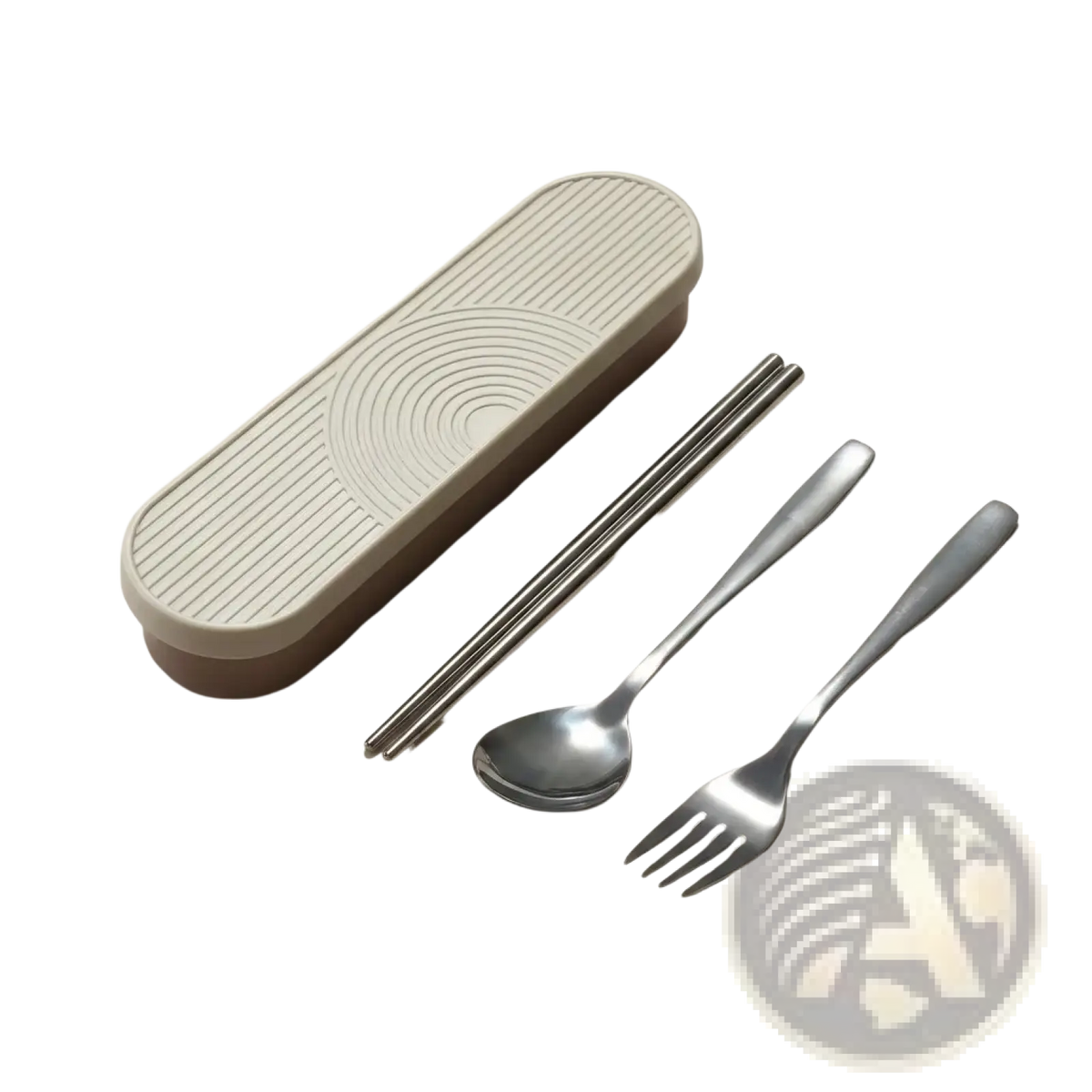 Beige oval portable stainless steel cutlery set case with ridged surface and concentric line pattern holding utensils