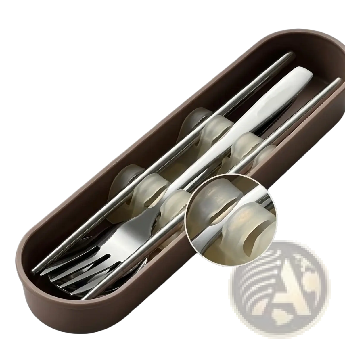 Brown silicone travel cutlery set with stainless steel forks spoons and chopsticks in portable travel case