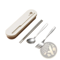 A sleek minimalist stainless steel portable cutlery set in a white and beige travel case for easy use