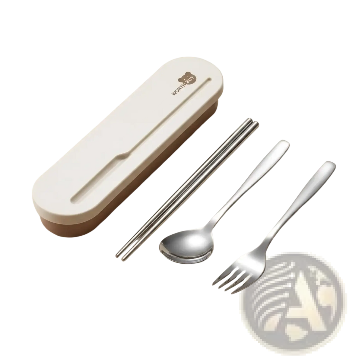 A sleek minimalist stainless steel portable cutlery set in a white and beige travel case for easy use