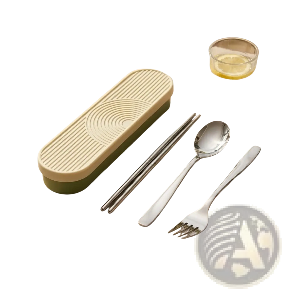Portable stainless steel cutlery set with green and cream rectangular travel case featuring textured curved lid pattern