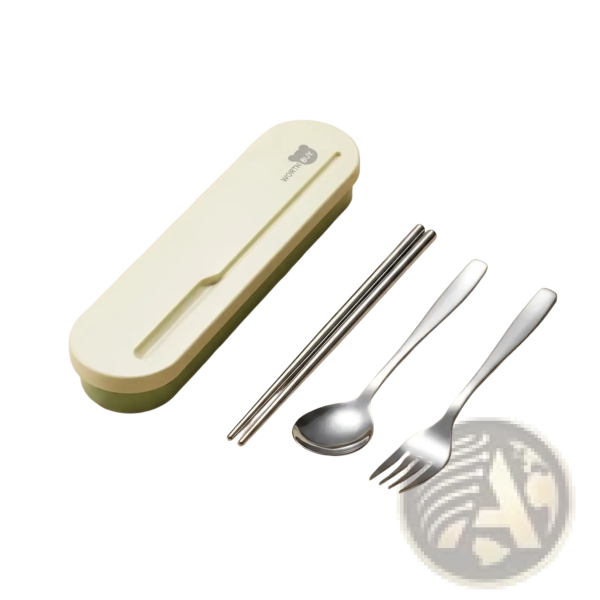 A sleek two-toned green and cream silicone carrying case with bear logo holds a portable stainless steel cutlery set