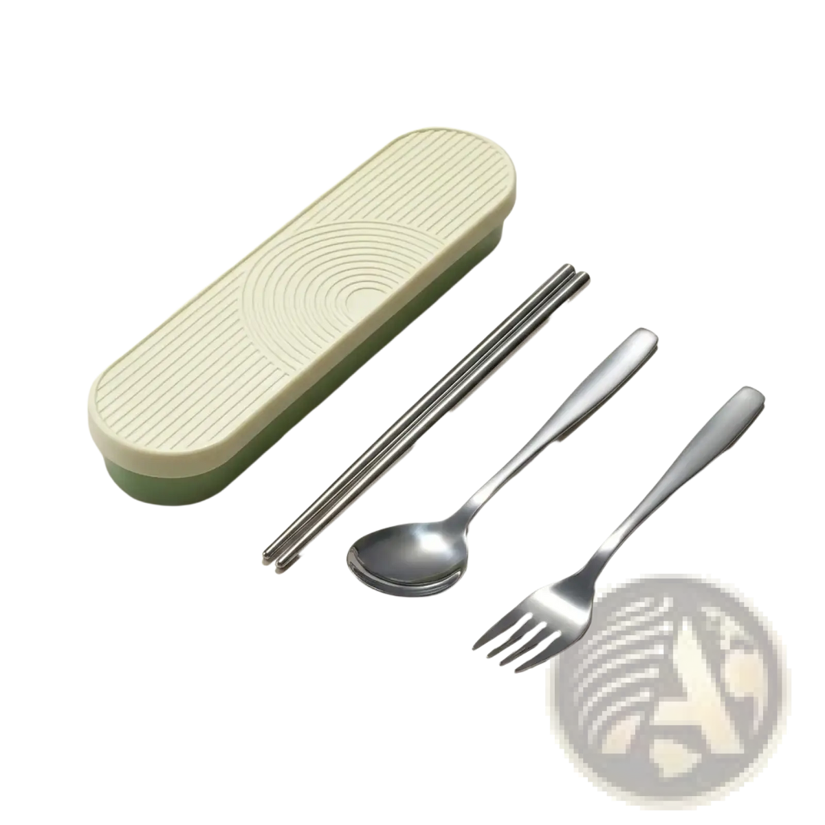 A portable stainless steel cutlery set with green and off-white plastic case and ribbed lid for travel use