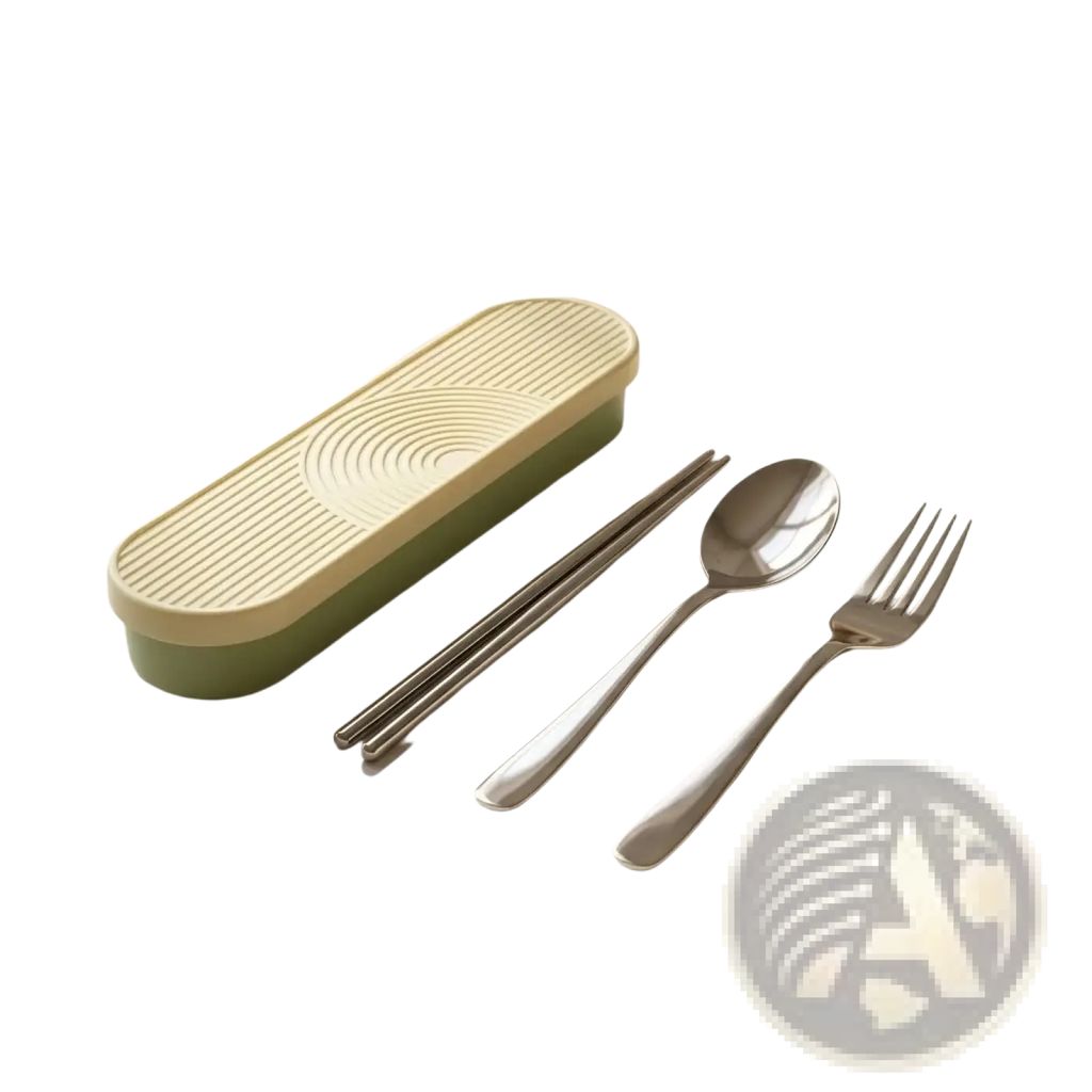 Portable stainless steel cutlery set with pastel green and cream rectangular travel case featuring ribbed curved lid pattern