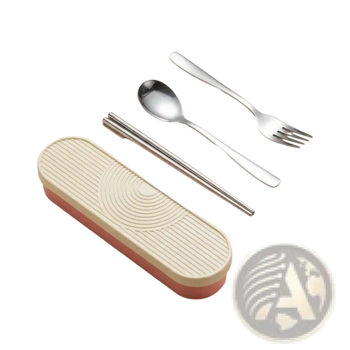 Portable stainless steel cutlery set with travel case featuring a pink and cream plastic bento box with textured lid