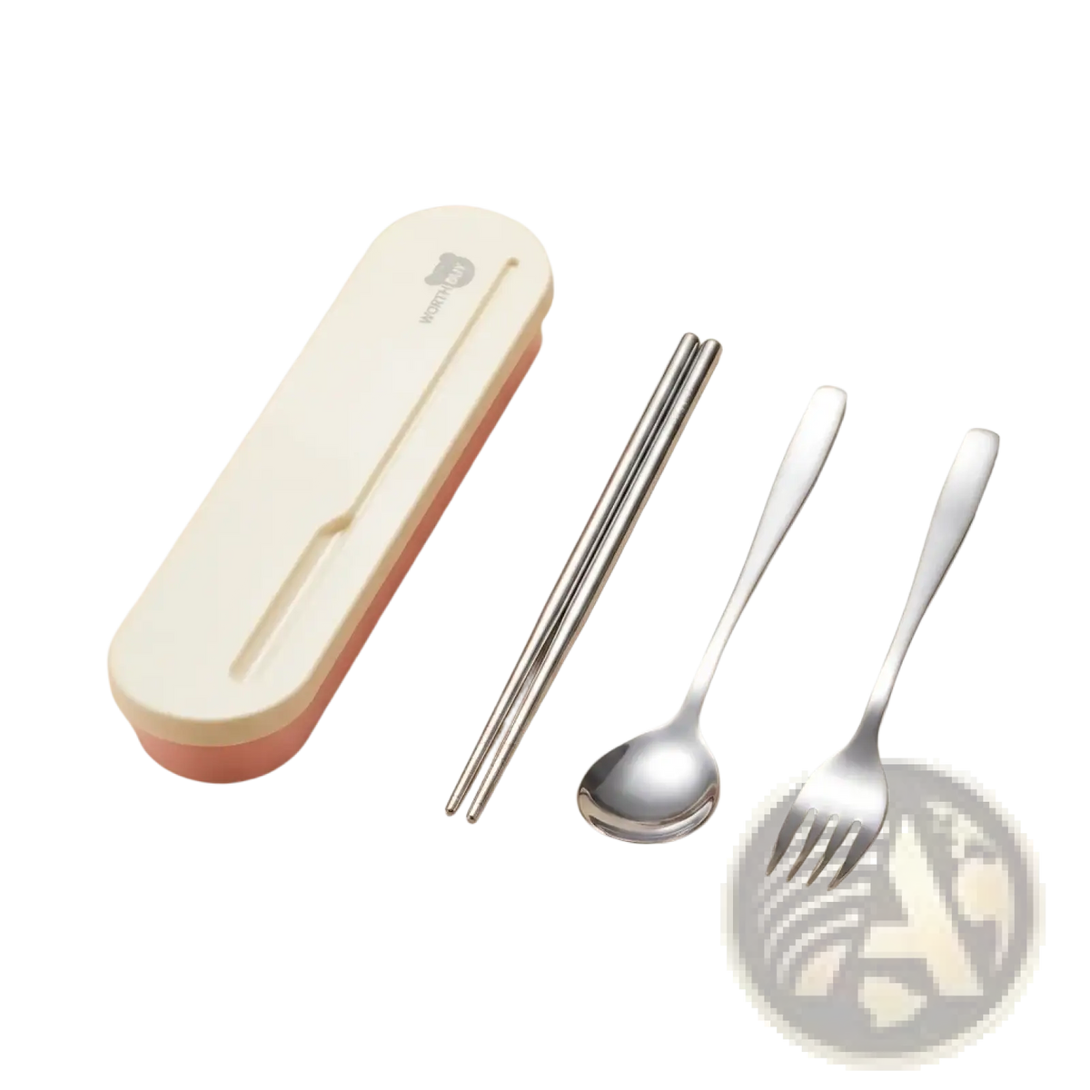 Portable stainless steel cutlery set with pink and cream two-tone plastic carrying case for travel use