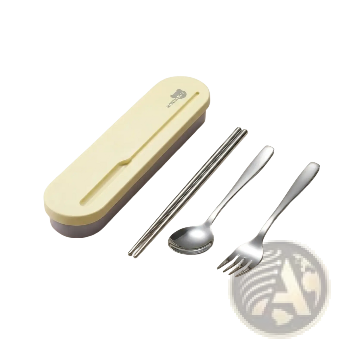 Portable stainless steel cutlery set with cream-colored and lavender silicone travel case and utensils including spoon fork and chopsticks