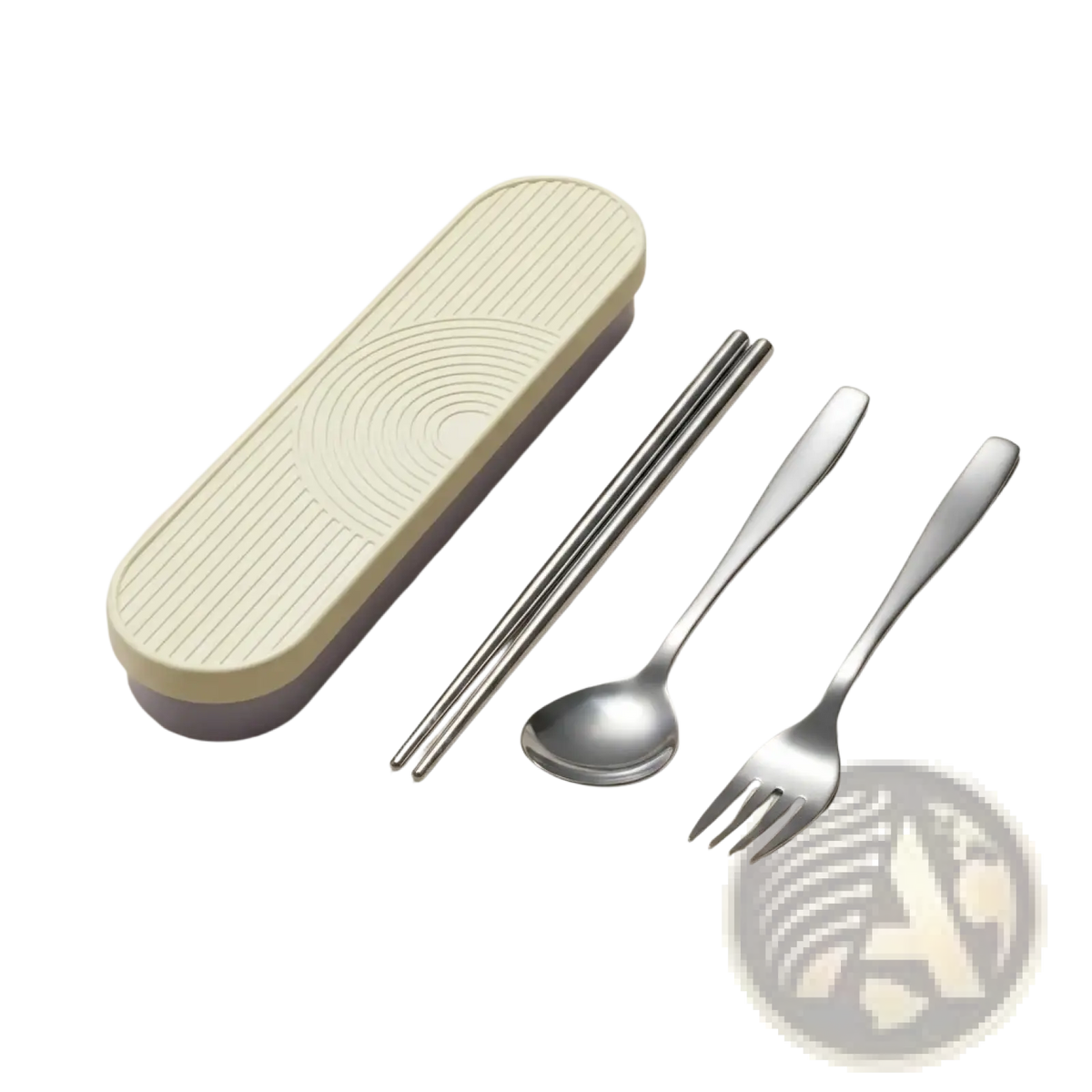 Cream-colored oval portable stainless steel cutlery set travel case with subtle ridges and a soft lavender base