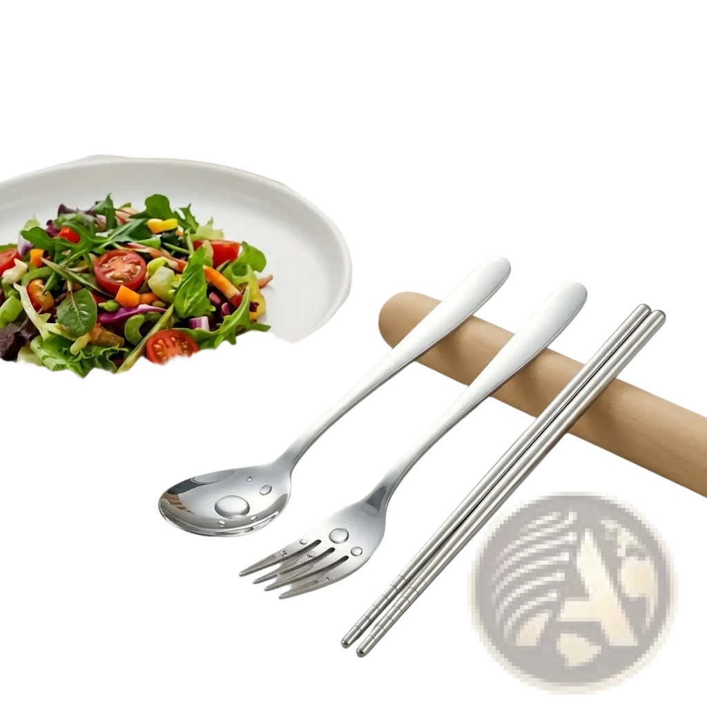 Shiny silver stainless steel cutlery set with spoon fork and chopsticks for portable travel use