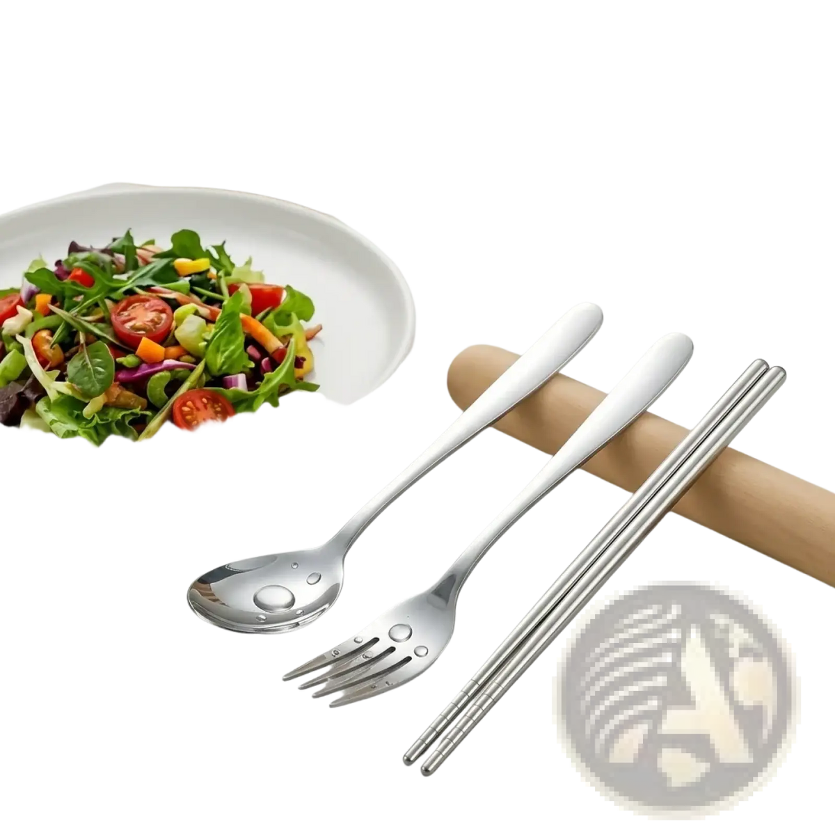 Shiny silver stainless steel cutlery set with spoon fork and chopsticks for portable travel use