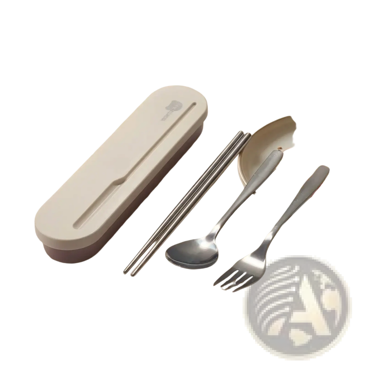 Portable stainless steel cutlery set with sleek minimalist design and matching white plastic carrying case for travel