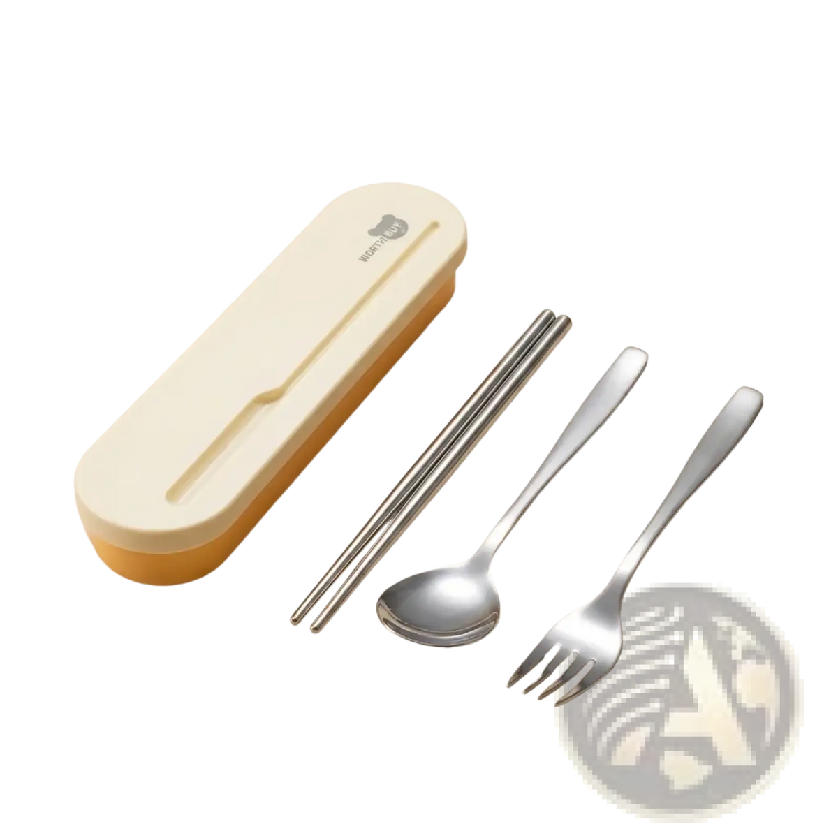 Yellow and cream plastic travel utensil set with stainless steel spoon fork and chopsticks in a portable cutlery case
