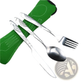 Silver-toned stainless steel portable travel cutlery set with floral engraved handles including knife spoon and fork