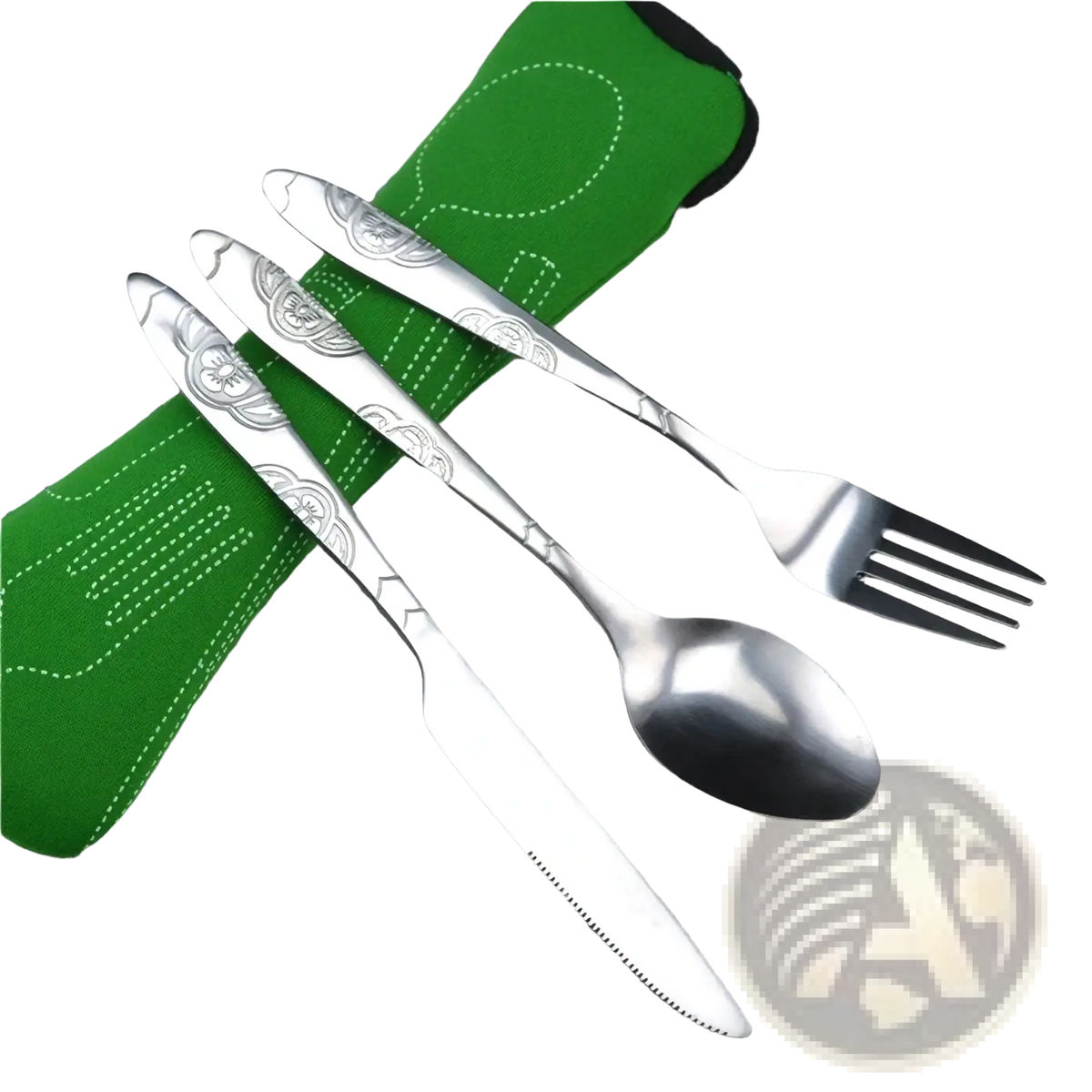 Silver-toned stainless steel portable travel cutlery set with floral engraved handles including knife spoon and fork