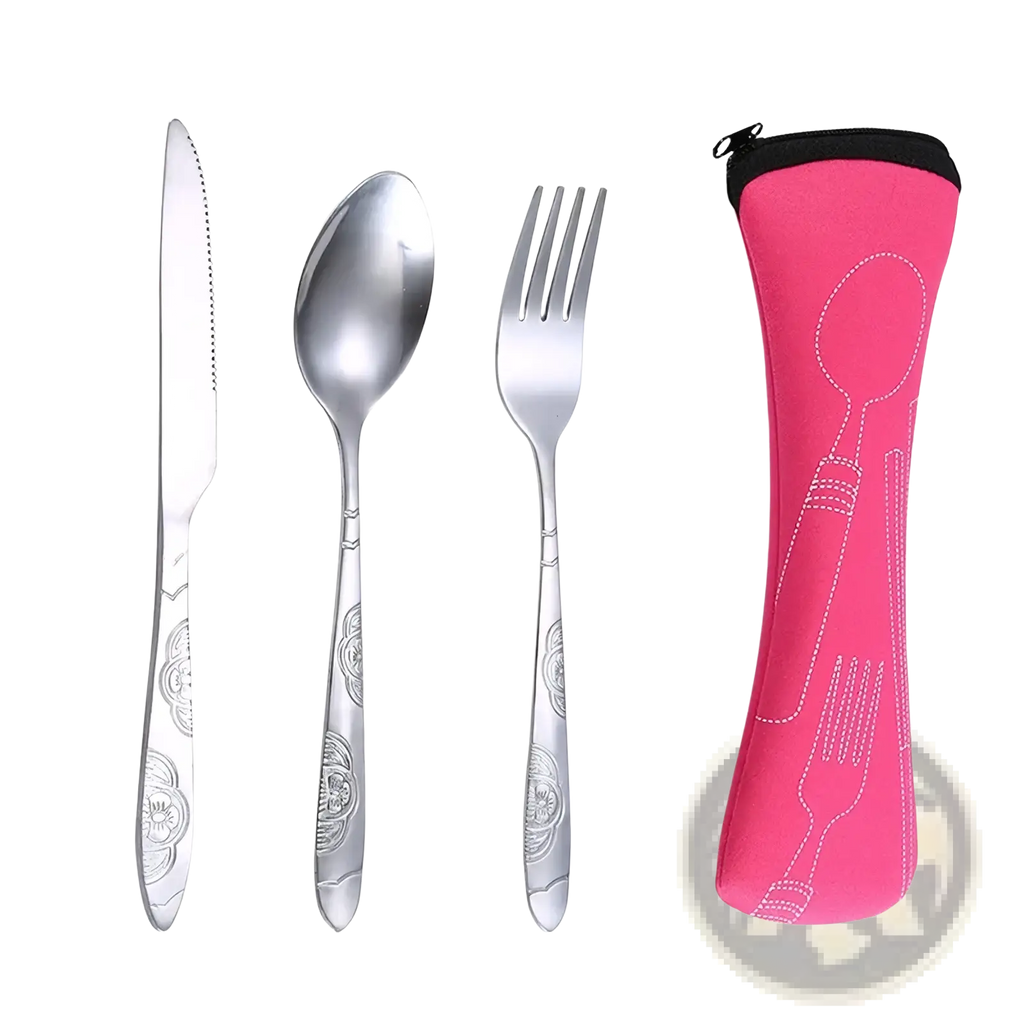 Pink neoprene carrying case with white embroidered utensil outlines for portable stainless steel travel cutlery set