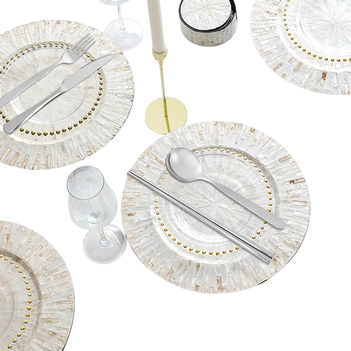 Shiny silver portable stainless steel travel cutlery set with textured mosaic plates and gold bead accents