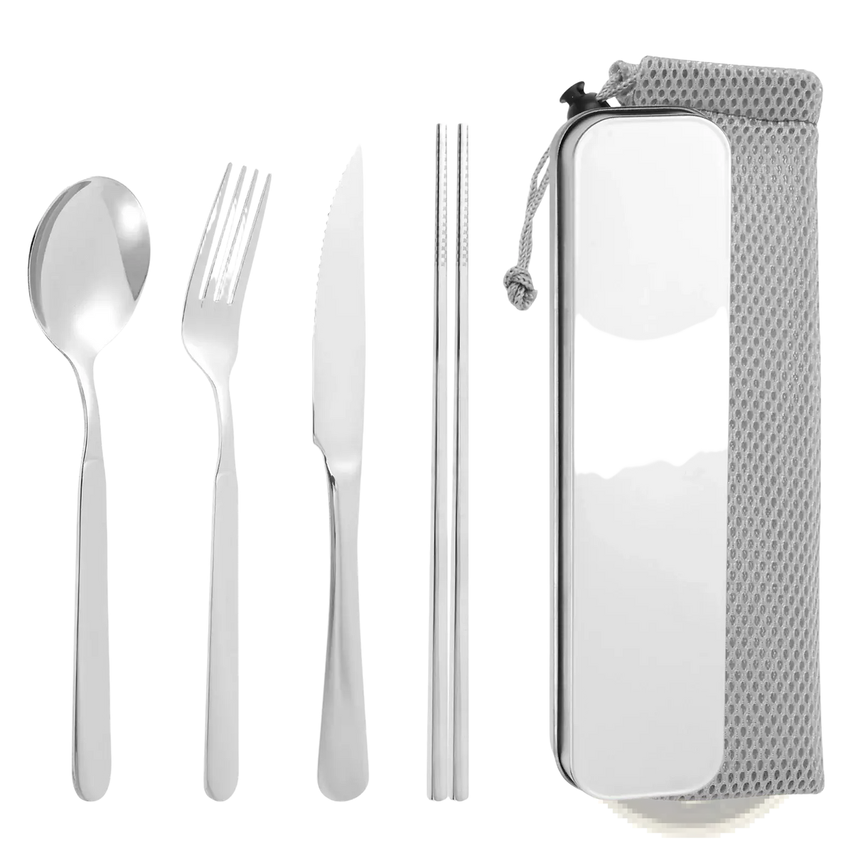 Silver stainless steel 4-piece portable travel cutlery set with matching mesh carrying case for convenience