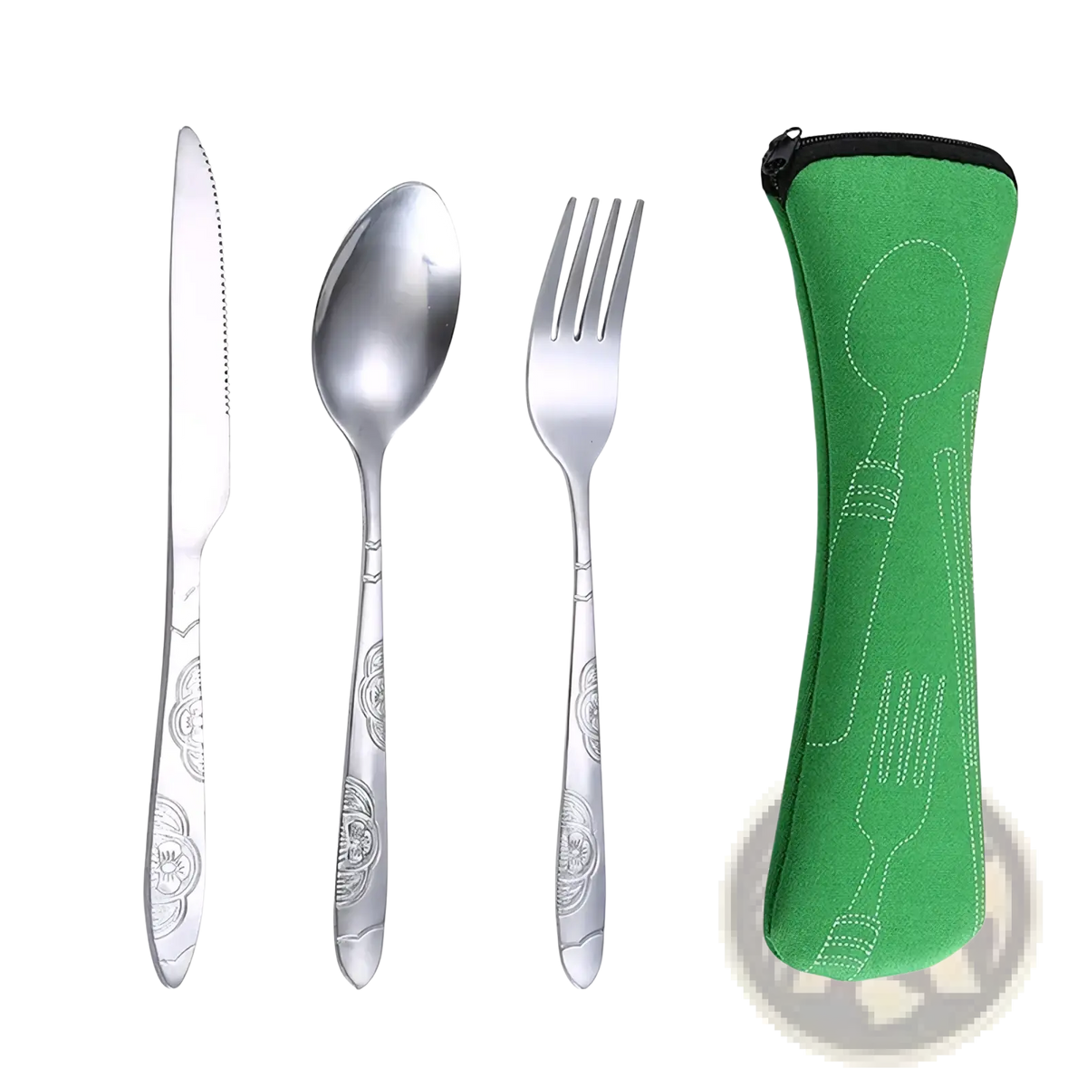 Portable stainless steel travel cutlery set with silver floral etched handles and a green neoprene carrying case