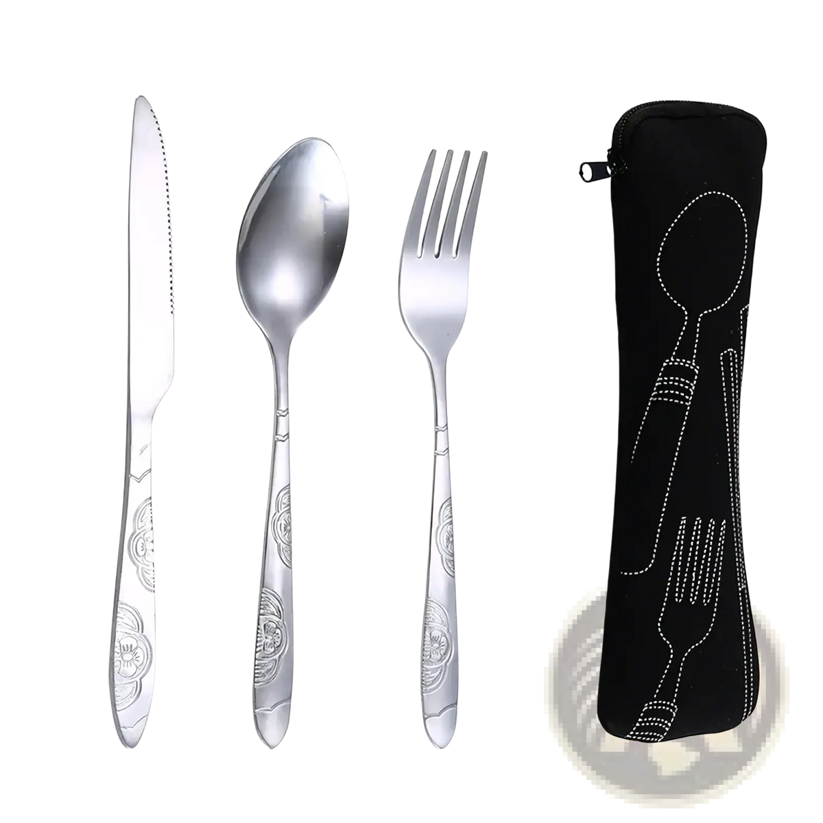 Portable stainless steel travel cutlery set with silver floral engraved knife spoon and fork in black zippered case