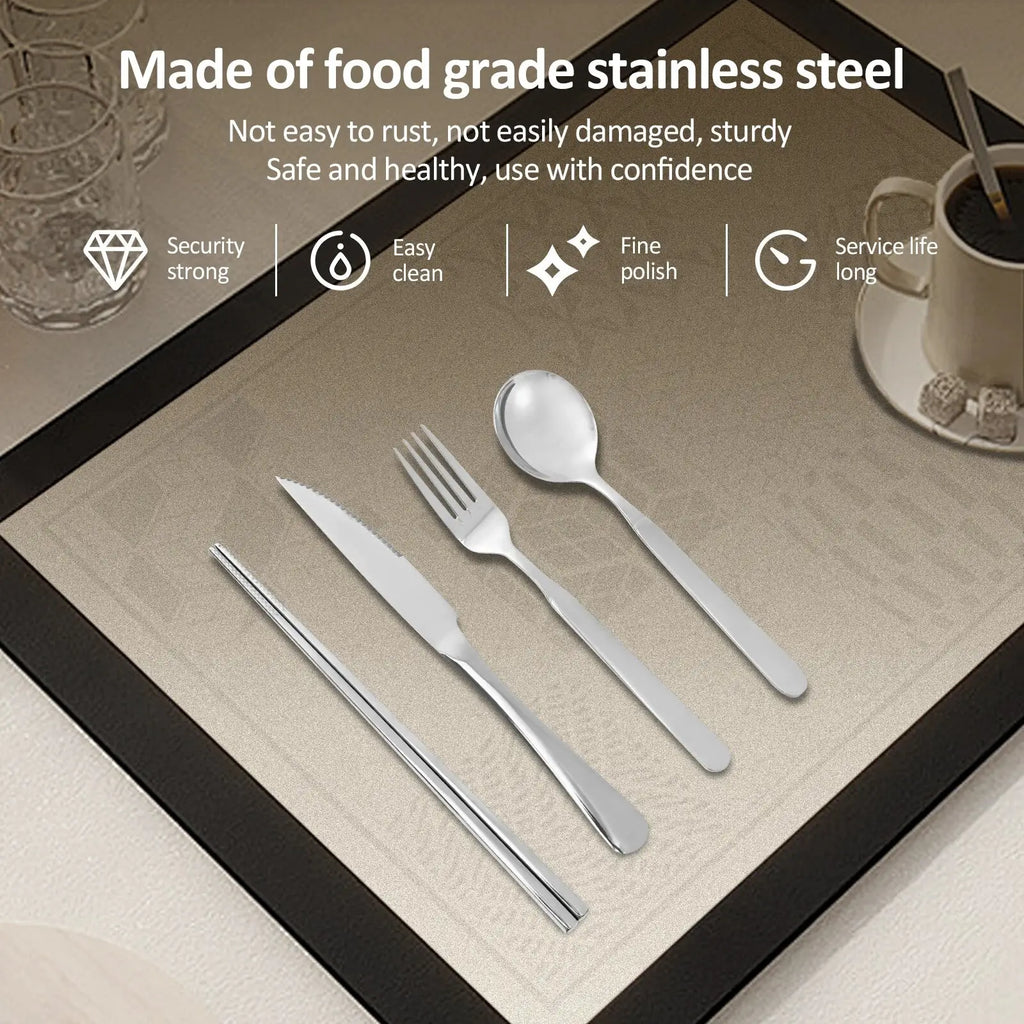 Shiny silver stainless steel portable travel cutlery set with knife fork spoon and chopsticks for easy use on the go