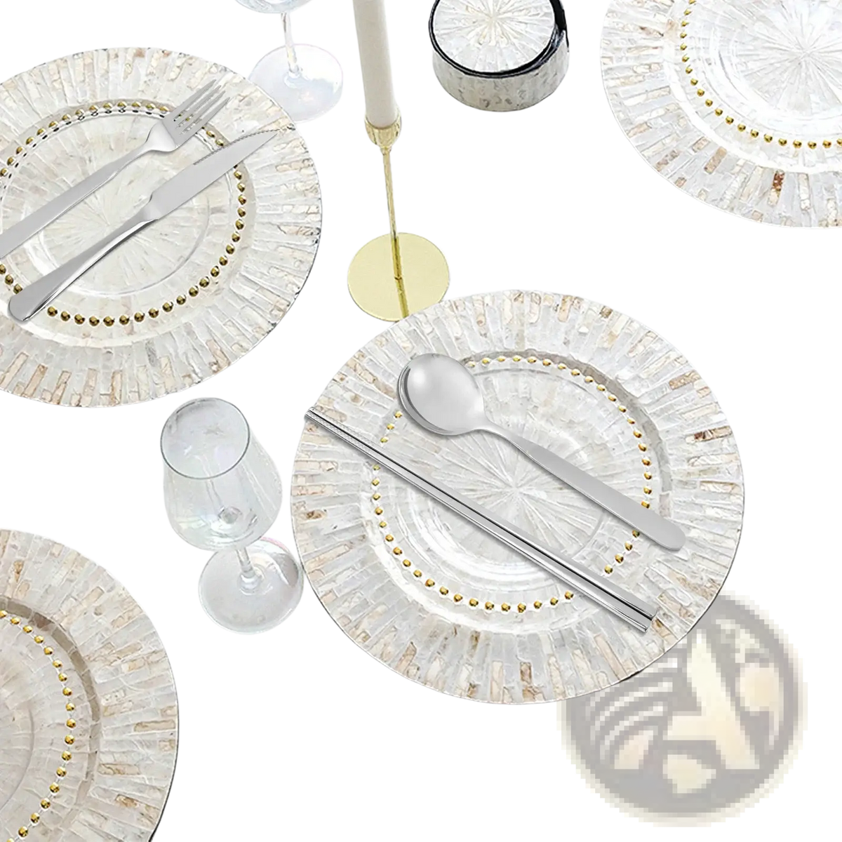 Shiny silver portable stainless steel travel cutlery set with textured mosaic plates and gold bead accents