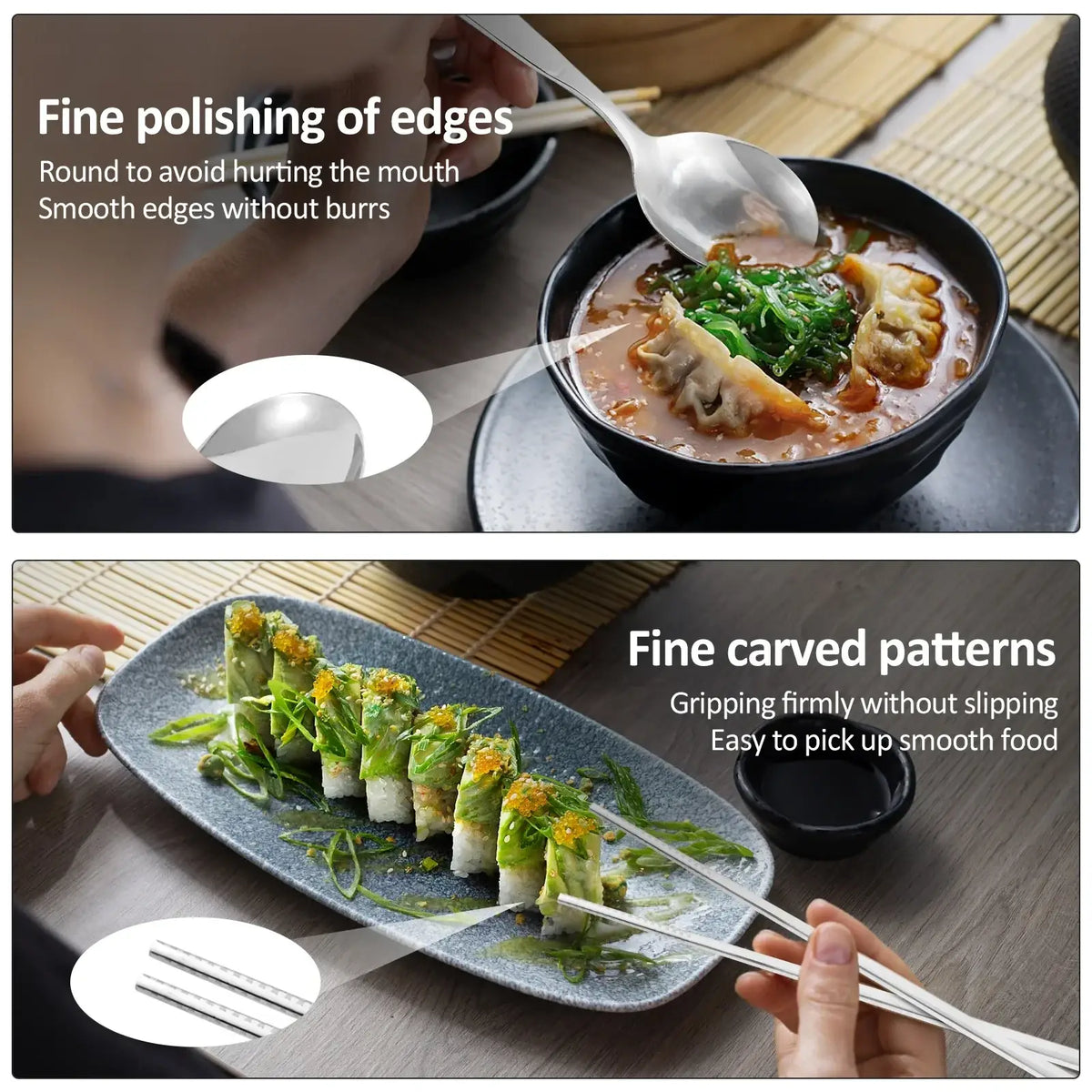 Shiny stainless steel spoon with rounded polished edges and carved handle from portable stainless steel travel cutlery set