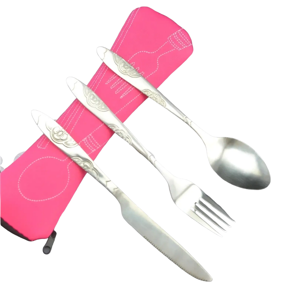 Silver-toned stainless steel travel cutlery set with ornate floral etchings featuring knife fork and spoon