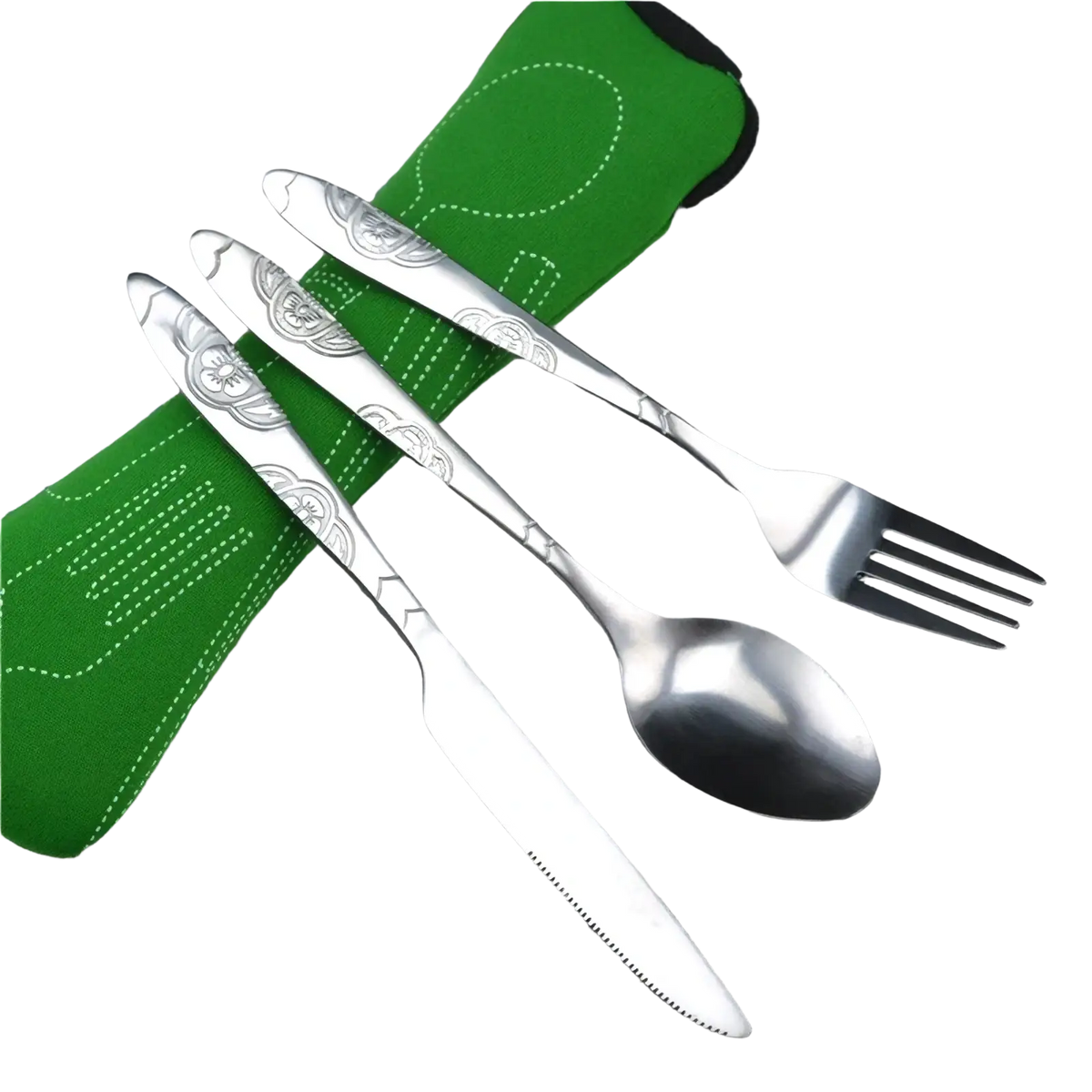 Silver-toned stainless steel portable travel cutlery set with floral engraved handles including knife spoon and fork