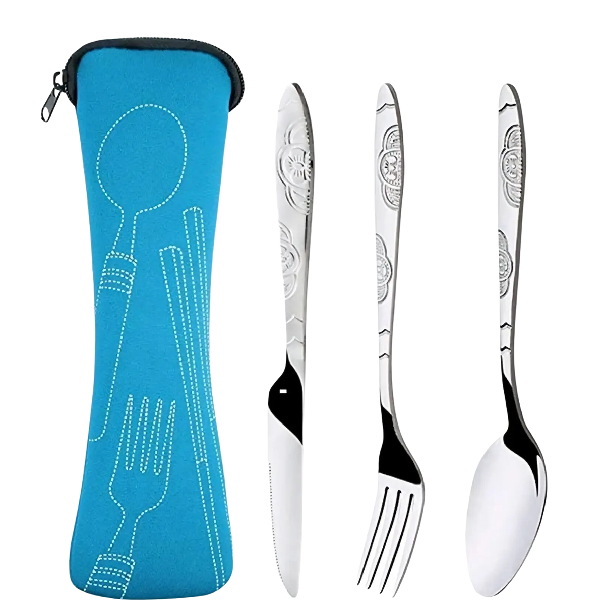 Portable stainless steel travel cutlery set with silver ornate floral etched utensils and bright blue neoprene case
