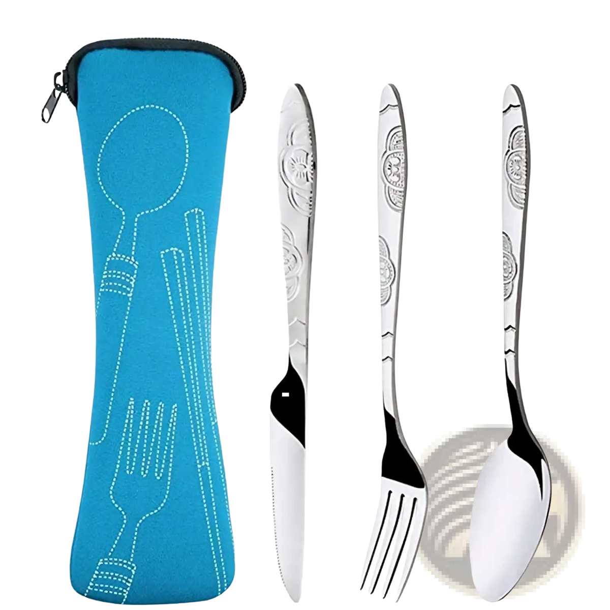 Portable stainless steel travel cutlery set with silver ornate floral etched utensils and bright blue neoprene case