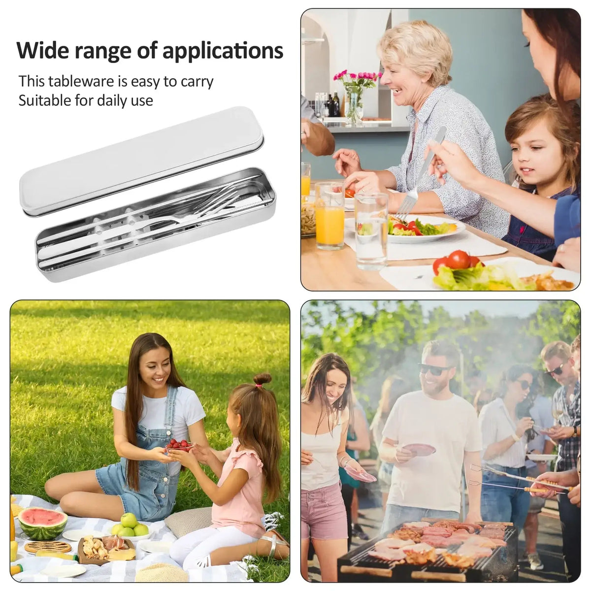 Portable stainless steel travel cutlery set featuring a sleek rectangular carrying case with utensil compartments