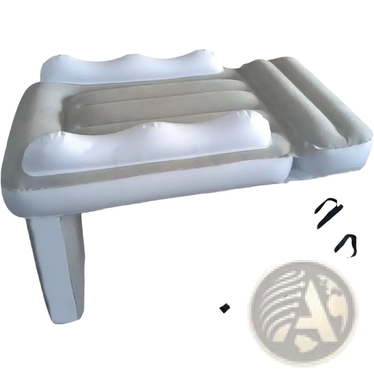 Portable toddler airplane bed inflatable travel air mattress with white and beige sections, headrest, and foot support