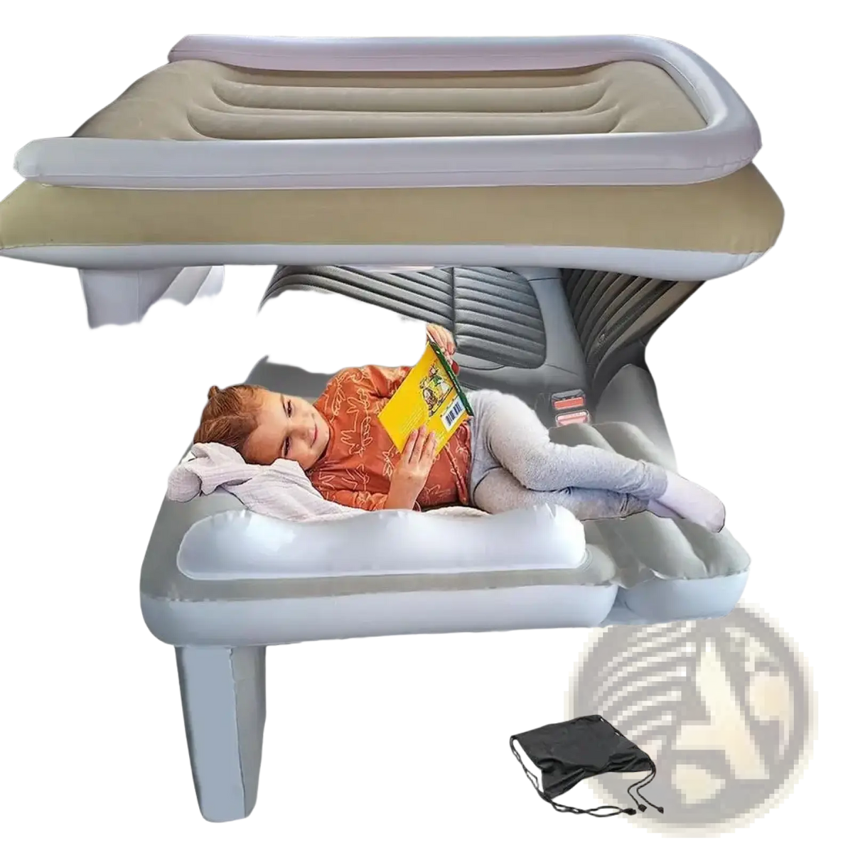 Beige and white inflatable car bed with built-in headrest side supports and footrest for toddler airplane travel