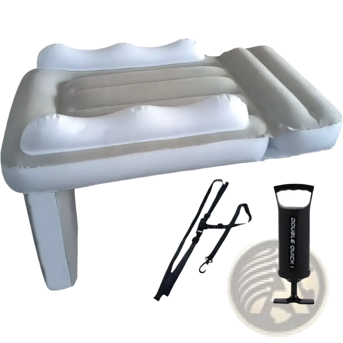 White inflatable travel bed with gray accents and built-in pillow, black carrying straps, and double quick pump for toddlers