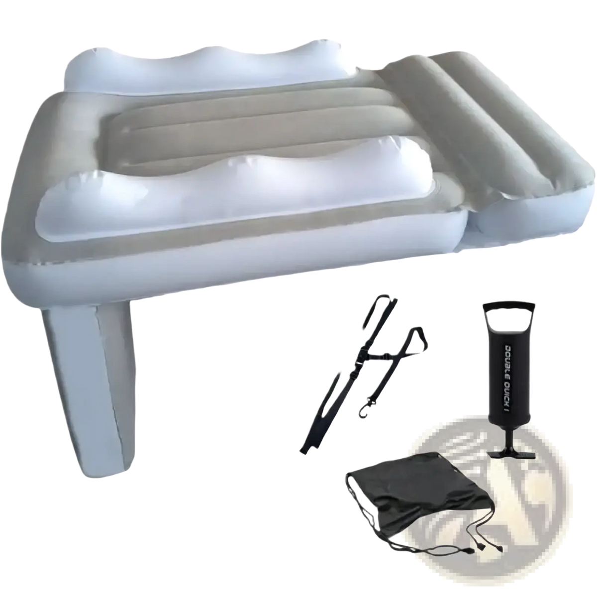 Gray and white inflatable portable toddler airplane bed with built-in headrests, side supports, and carrying strap