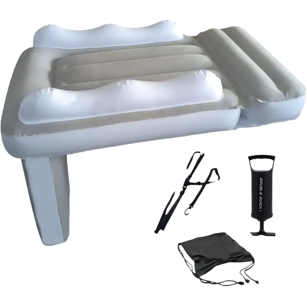Gray and white inflatable portable toddler airplane bed with built-in headrests, side supports, and carrying strap