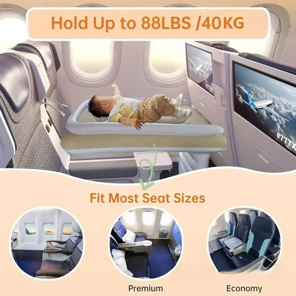 Inflatable baby travel bed with soft white and beige fabric designed for airplane seats in a portable toddler airplane bed and travel air mattress