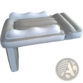 Inflatable portable toddler airplane bed with white and beige sections and built-in pillow for travel comfort