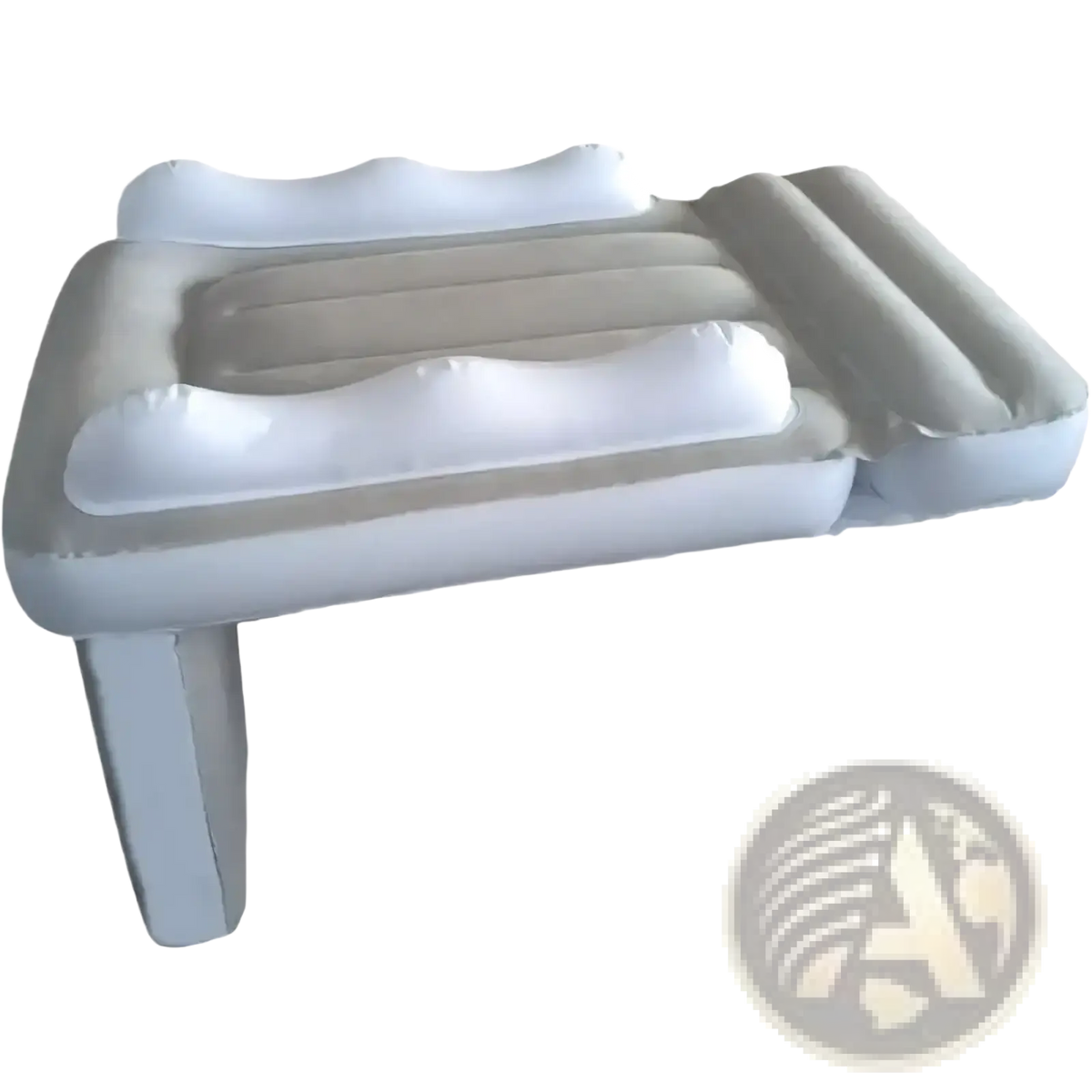Inflatable portable toddler airplane bed with white and beige sections and built-in pillow for travel comfort