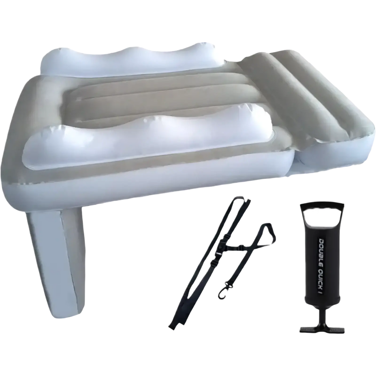 White inflatable travel bed with gray accents and built-in pillow, black carrying straps, and double quick pump for toddlers