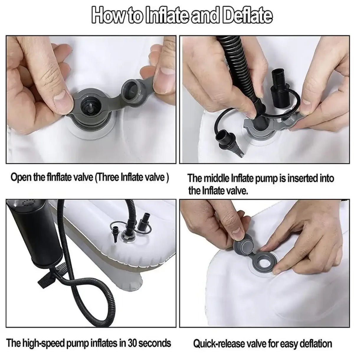 White inflatable portable toddler airplane bed with gray valves and black high-speed pump attachment