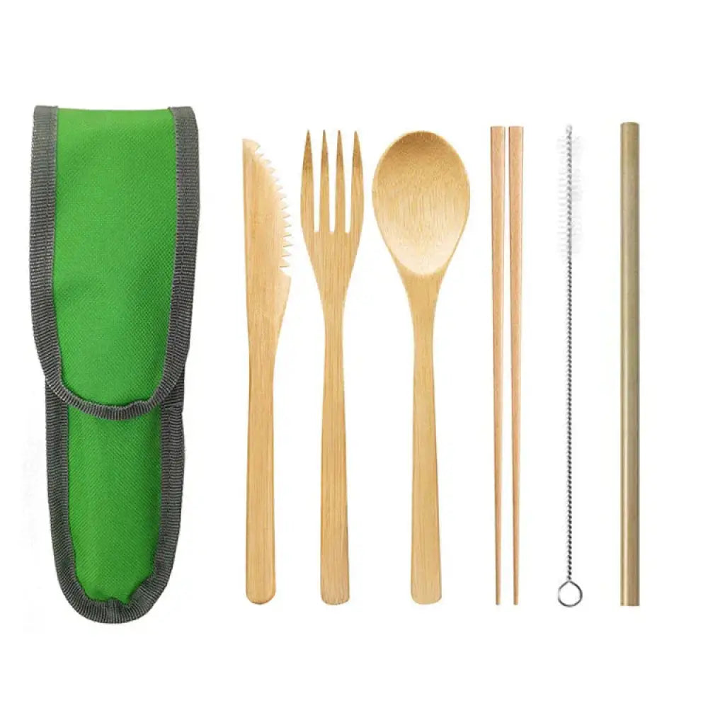 Green and gray fabric carrying case for sustainable bamboo and stainless steel travel cutlery set