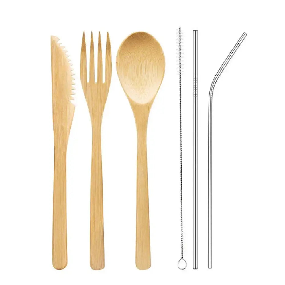 Light brown sustainable bamboo travel cutlery set with spoon fork knife stainless steel straws and cleaning brush