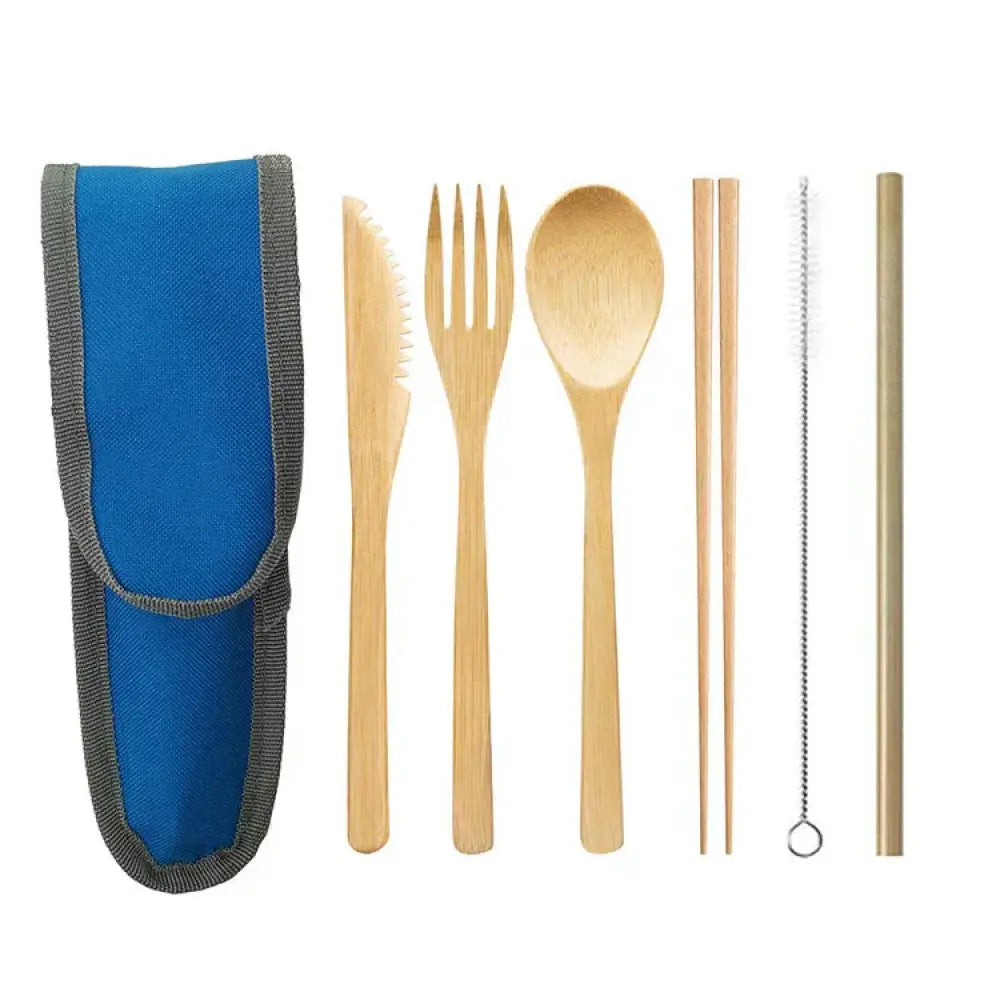 Blue and gray fabric carrying case for sustainable bamboo and stainless steel travel cutlery set