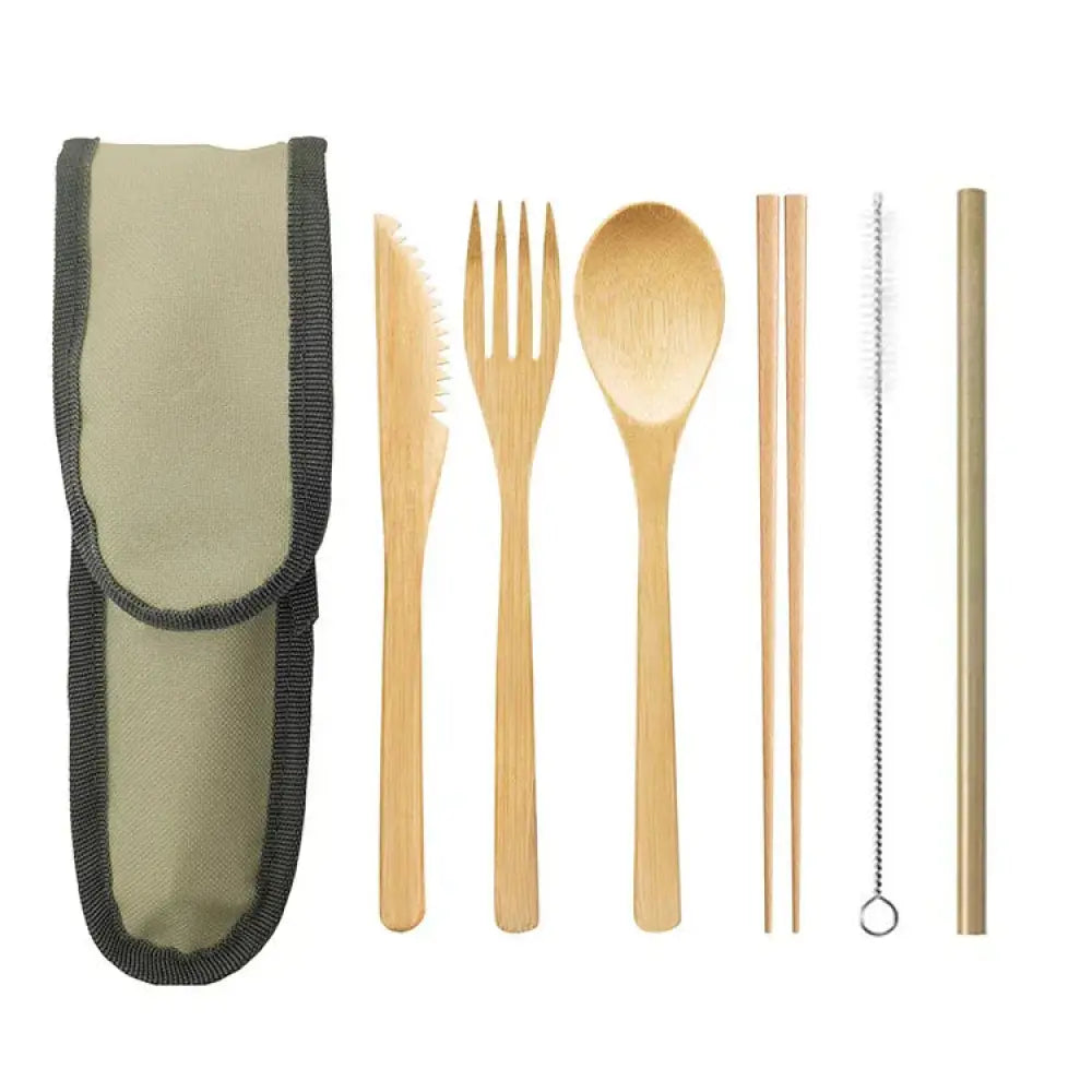 Light brown sustainable bamboo and stainless steel travel cutlery set with chopsticks and olive green fabric case