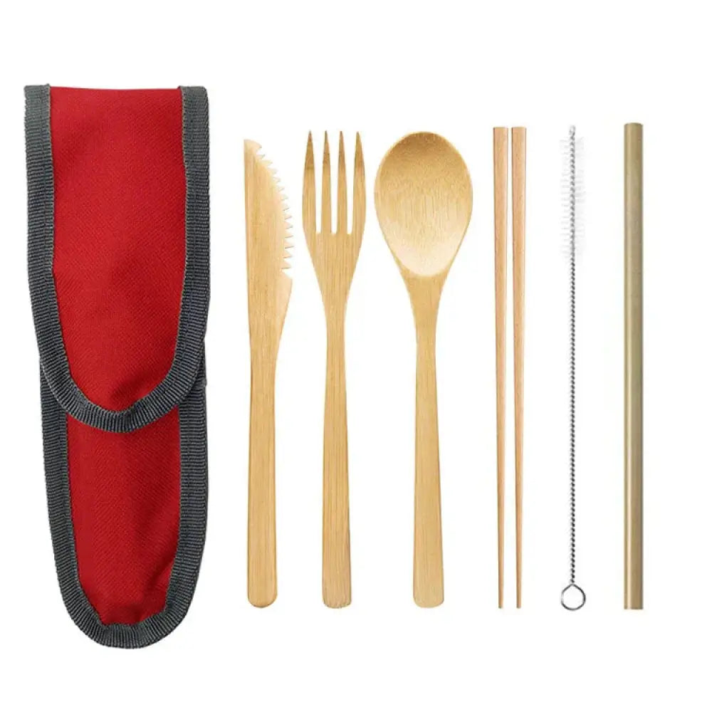 Sustainable bamboo and stainless steel travel cutlery set with eco-friendly utensils and red and gray carrying case