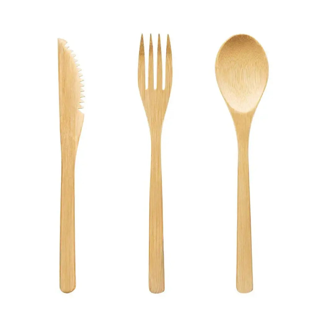 Light brown sustainable bamboo and stainless steel travel cutlery set with natural wood grain knife fork and spoon