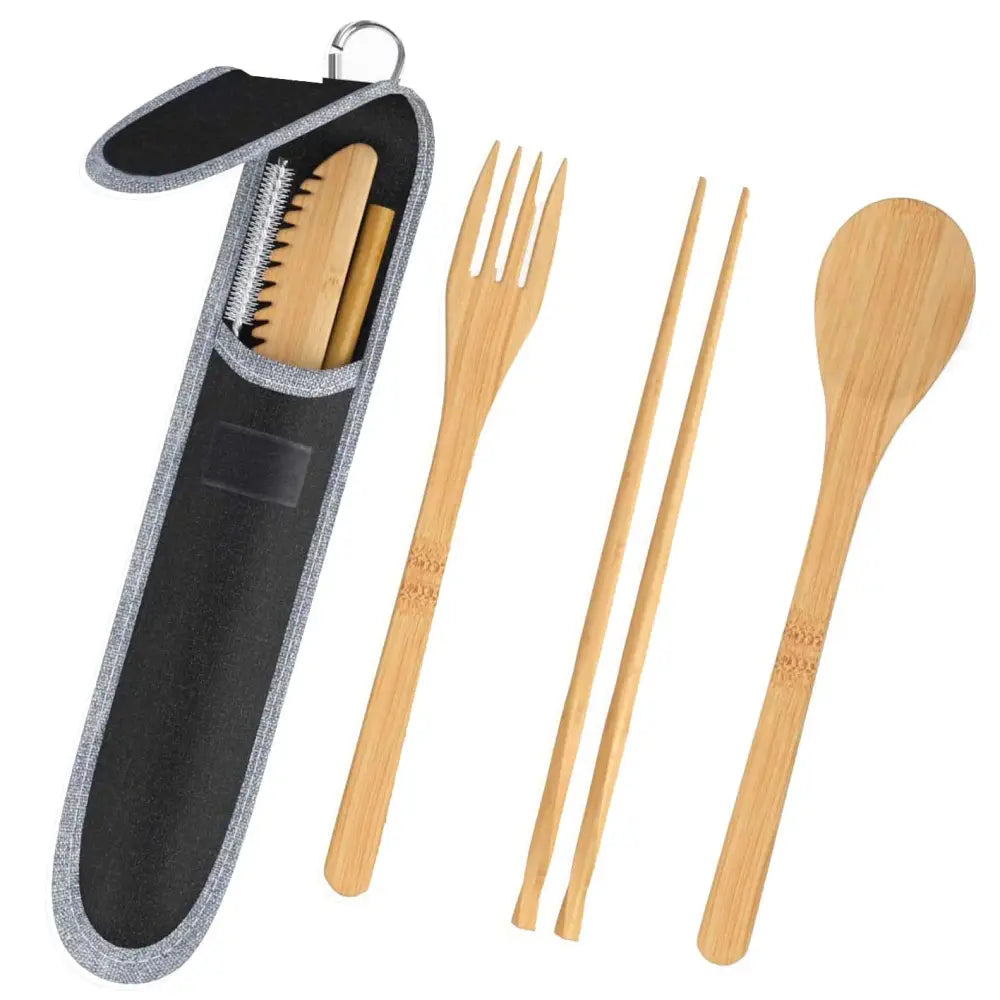 Sustainable bamboo and stainless steel travel cutlery set with fork chopsticks and spoon in black gray fabric case